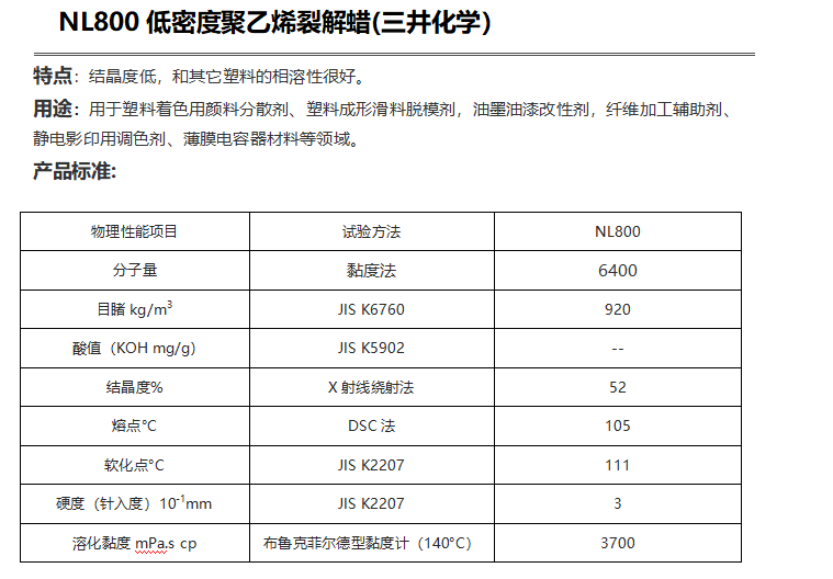 三井HI-WAX NL800低密度聚乙烯裂解蠟（ PE蠟NL800）